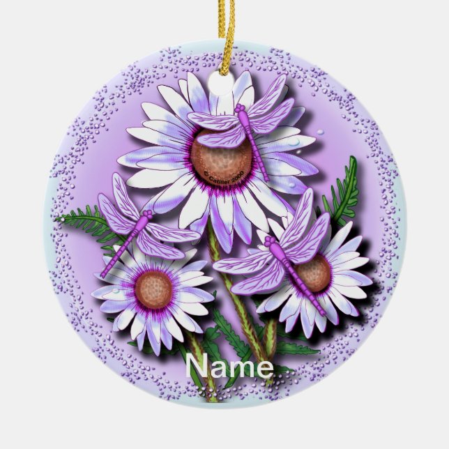 Adorno De Cerámica Dragonfly Purple Daisies (Frente)