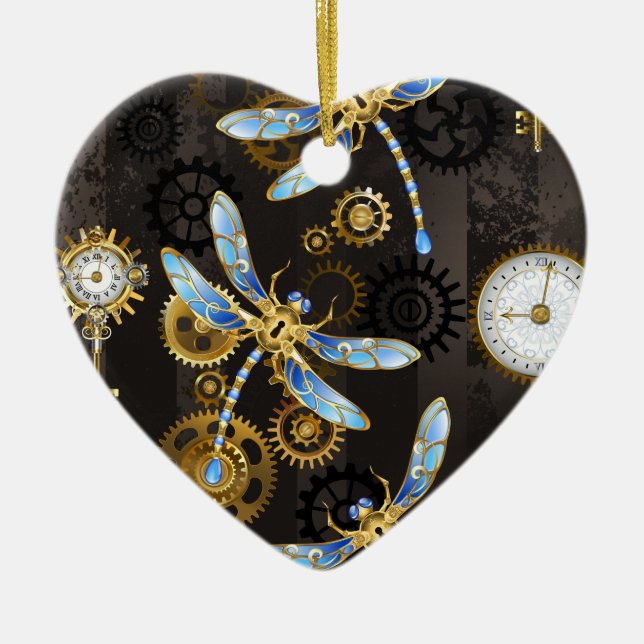 Adorno De Cerámica Dragoniscos de Steampunk sobre fondo rayado marrón (Frente)