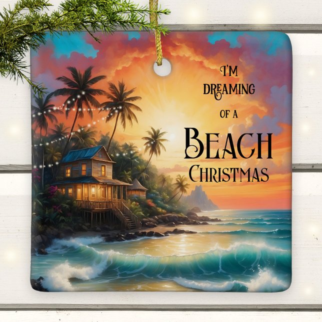 Adorno De Cerámica Dreaming of a Tropical Beach Christmas Ornament (Colorful Christmas ornament featuring a painting of a house on a tropical beach)
