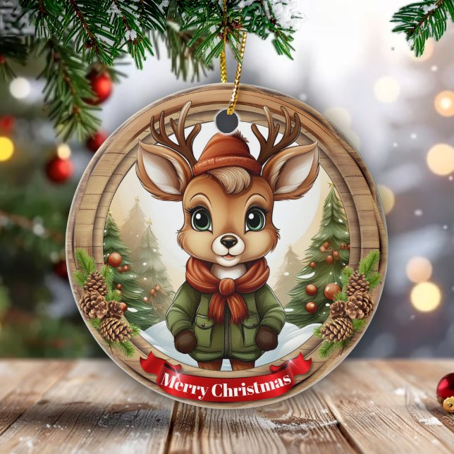 Adorno De Cerámica Dressed Whimsical Reindeer Fun Holiday Season 🦌🎄 (Customizable Text Whimsical Reindeer Holiday Season Personalizable Rustic Xmas Pine Wood Decor 🦌🎄)