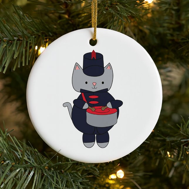 Adorno De Cerámica Drums Marching Band Cat Navy Blue Red Personalize (An ornament featuring a cat playing the snare drum in a navy blue & red marching band uniform.)
