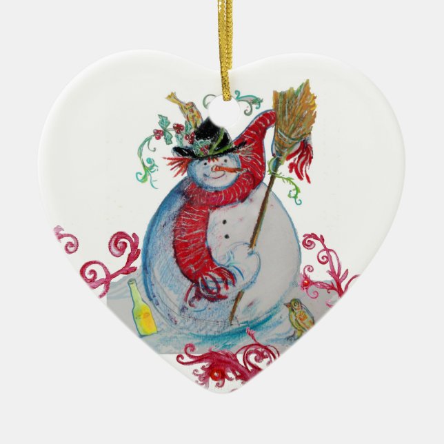 Adorno De Cerámica DRUNKEN SNOWMAN WITH BIRDS Red Flourishes Heart (Frente)