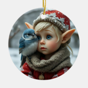 Adorno De Cerámica Duende de Navidad con pájaro azul
