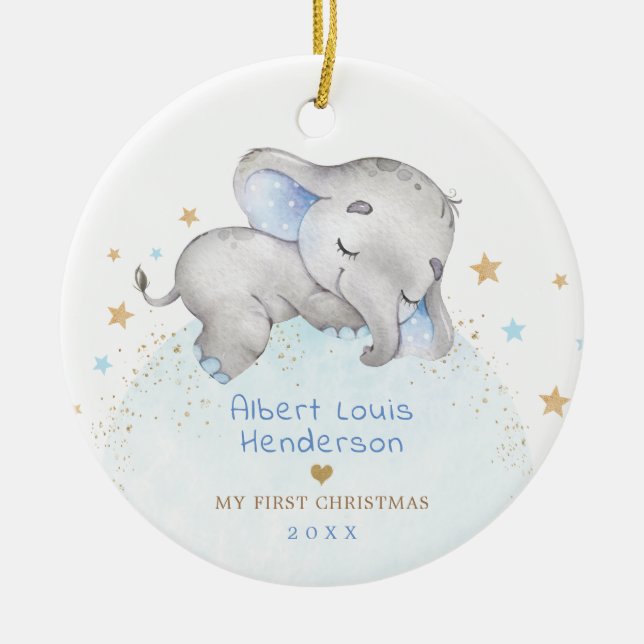 Adorno De Cerámica Dulce Blue Gold Elephant Baby Primera Navidad (Frente)