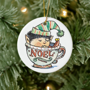 Adorno De Cerámica Dulce Elfo de Navidad de Dibujos Animados Durmiend