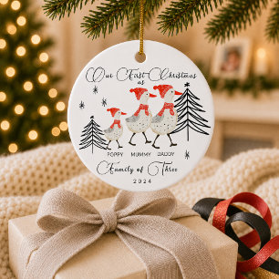 Adorno De Cerámica Dulce familia de tres gansos en su primera Navidad