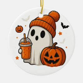 Adorno De Cerámica Dulce Fantasma de Halloween con Calabaza y Bebida 