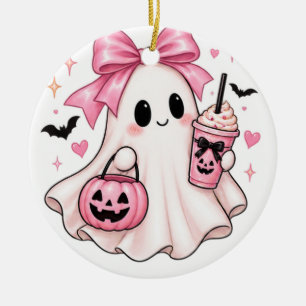 Adorno De Cerámica Dulce Fantasma de Halloween con Lazo Rosa