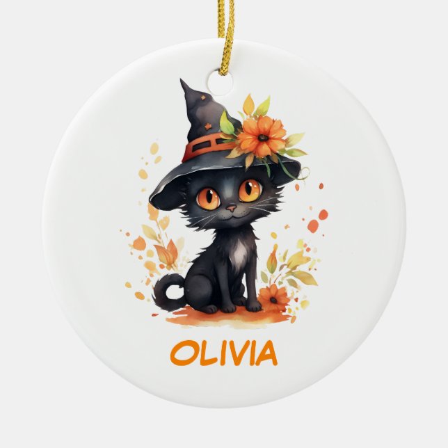 Adorno De Cerámica Dulce nombre personalizado de gato de Halloween (Frente)