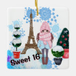 Adorno De Cerámica Dulce personalizado 16 Paris Winter Torre Eiffel<br><div class="desc">Este hermoso diseño adornado con motivos parisinos de 16 dulces adornos cerámicos de Navidad presenta a una bella chica de moda con un adorable gorra y bufanda con la frase "es bebé de invierno". El chica está de pie entre topiarios cubiertos de nieve decorados para las vacaciones de los Navidades...</div>