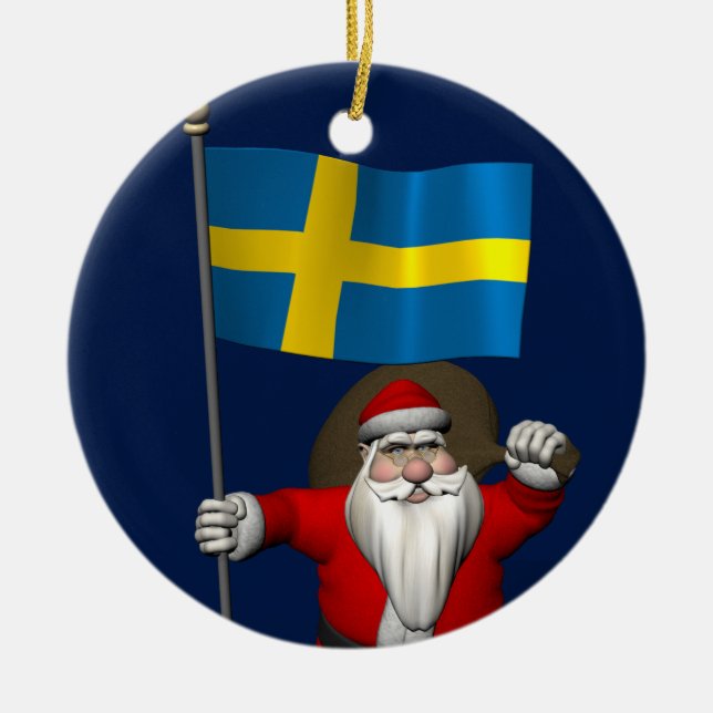 Adorno De Cerámica Dulce Santa Claus Con Bandera De Suecia (Frente)
