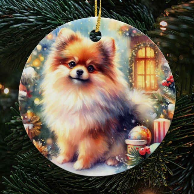 Adorno De Cerámica Dulces Navidades de acuarela de perro de Pomerania (Subido por el creador)