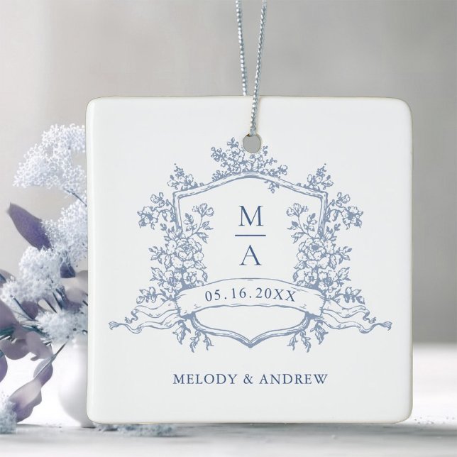 Adorno De Cerámica Dusty Blue Classic Floral Crest Wedding Photo  (Subido por el creador)