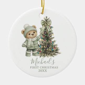 Adorno De Cerámica Dusty Green Sage Baby Bear First Christmas