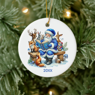 Adorno De Cerámica e azul Santa leyendo agregar mensaje año