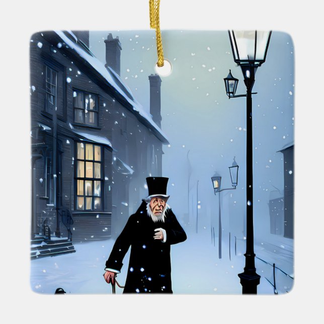 Adorno De Cerámica Ebenezer Scrooge Snowy Victorian Street (Anverso)