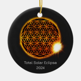Adorno De Cerámica Eclipse solar 2024 Flor de vida dorada resplandeci