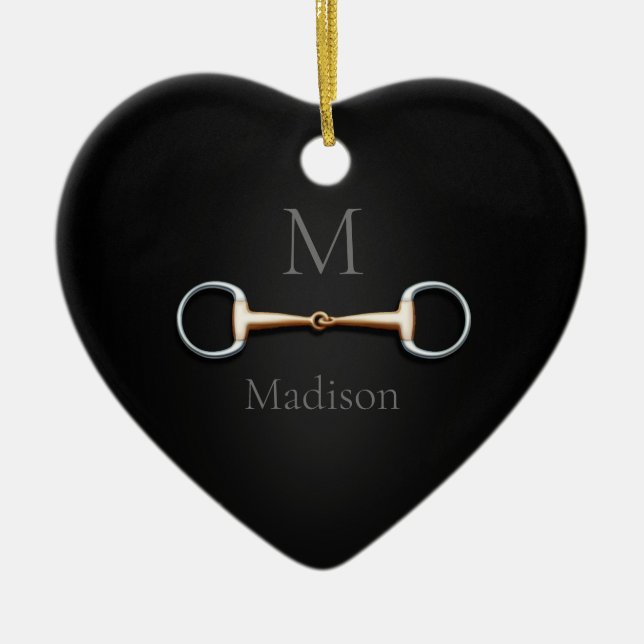 Adorno De Cerámica Eggbutt Snaffle bit Monogrammed Equestrian Heart (Frente)