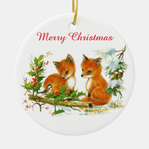 Adorno De Cerámica El bebé del vintage Foxes navidad de las bayas de