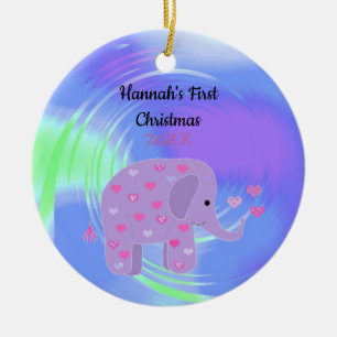 Adorno De Cerámica El bebé elefante púrpura es la primera Navidad