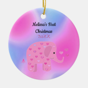 Adorno De Cerámica El bebé elefante rosa y azul es la primera Navidad