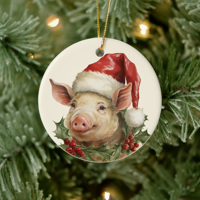 Adorno De Cerámica El cerdo Navidad Woodland agrega acuarela de texto (Árbol)