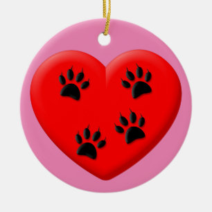 Adorno De Cerámica El Corazón Rojo Y Las Paws Clásicos Del Gato Amant