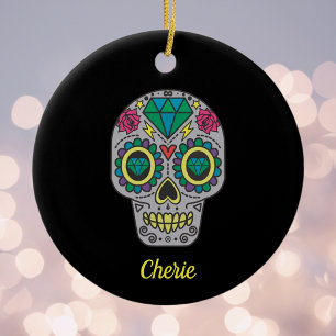 Adorno De Cerámica El Día de los Muertos Verde Rojo y Cristal Gris e
