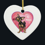 Adorno De Cerámica El día de San Valentín de Chihuahua<br><div class="desc">Desfile Animal Romántico Perro Chihuahua Perro Personalizado de Corazón y Amor regalos, tarjetas y accesorios, presenta nuestra divertida obra de arte de un Chihuahua negro y tanón sosteniendo en su boca a un rosa bonito con los corazones púrpura, rojo y rosado en capas detrás de la pintura digital de nuestro...</div>
