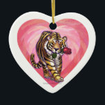 Adorno De Cerámica El día de San Valentín Tiger<br><div class="desc">Desfile Animal Tigre romántico Amor personalizado y Corazones Regalos y Accesorios del Día de San Valentín presenta nuestra divertida obra de arte de un tigre lindo sosteniendo a un rosa de bonito en la boca con sus corazones púrpura, rojo y rosado apilados detrás de ella creada por nuestro talentoso artista,...</div>