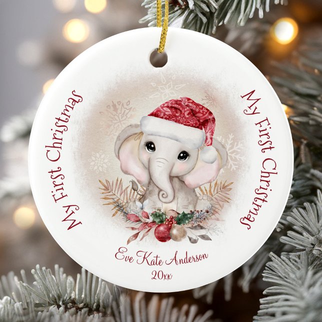 Adorno De Cerámica El elefante lindo bebé primer Chica de Navidad (Cute Elephant Baby First Christmas Girl Ceramic Ornament)