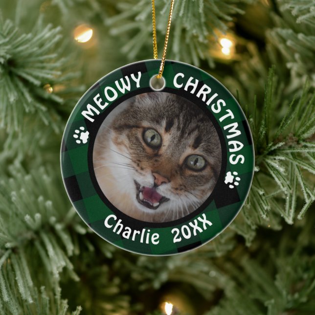 Adorno De Cerámica El gato "Meowy Navidades", con una placa verde de  (Árbol)