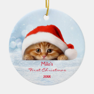 Adorno De Cerámica El gato Naranja rojo Santa Hat Paw personalizado