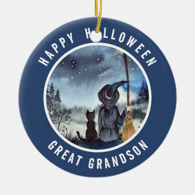 Adorno De Cerámica El gato negro de Halloween y la noche estrellada d (Frente)