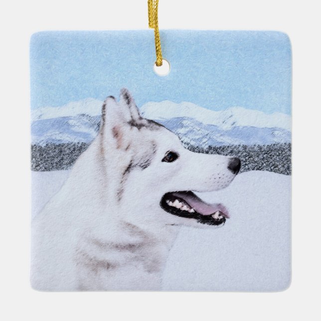 Adorno De Cerámica El Husky Siberiano (Plata y Blanco) Pintura de art (Anverso)