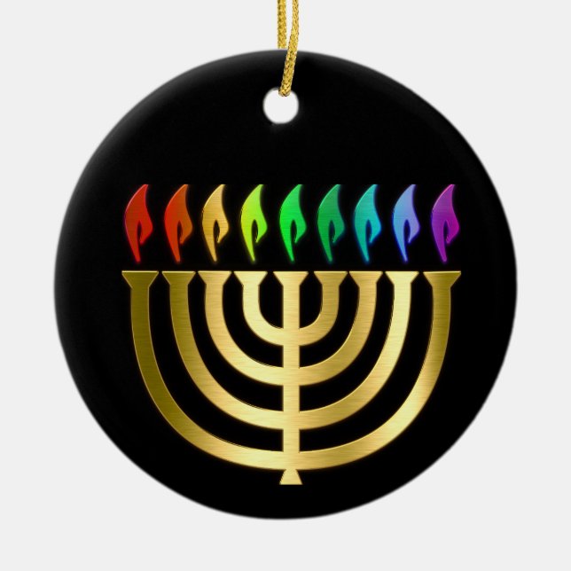 Adorno De Cerámica El oro Menorah Rainbow Flames Hanukkah Ornament (Frente)