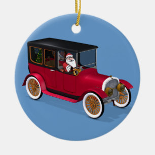 Adorno De Cerámica El Papá Noel Gracioso En La Limousina Vintage Roja