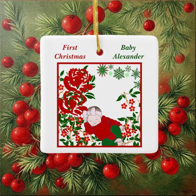 Adorno De Cerámica El primer arte navideño personalizado del bebé dur (Sleeping Baby's First Christmas Art Personalized Ceramic Ornament)