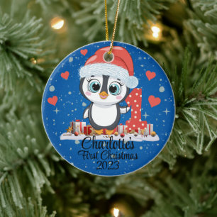 Adorno De Cerámica El primer azul navideño del bebé pingüino lindo