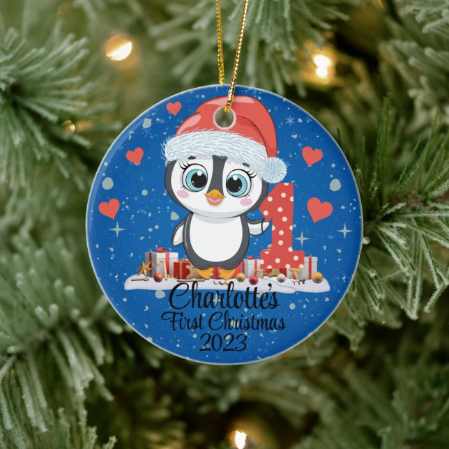 Adorno De Cerámica El primer azul navideño del bebé pingüino lindo (Árbol)