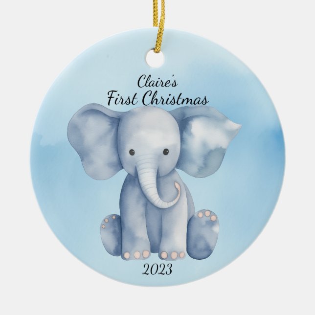 Adorno De Cerámica El primer elefante azul de Navidad del bebé person (Frente)