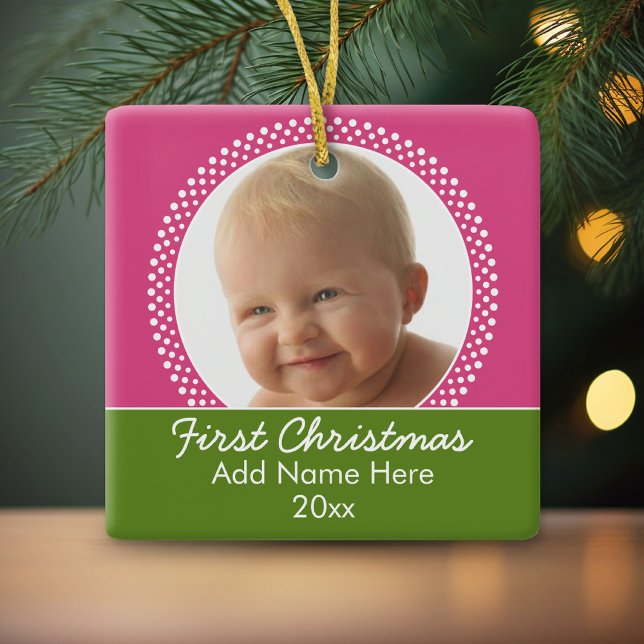 Adorno De Cerámica El primer marco de fotos navideñas del bebé (Personalized photo ornament)