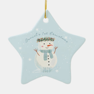 Adorno De Cerámica El primer muñeco de nieve y copo de nieve de Navid