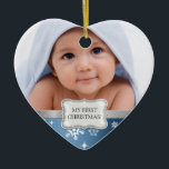 Adorno De Cerámica El primer Navidad del bebé. Añadir tu foto<br><div class="desc">¡Mis propios Navidades! Añade tu propia foto. Copos de nieve azules y blancos con cinta de plata.</div>