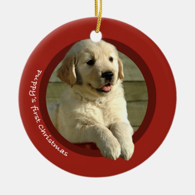 Adorno De Cerámica El primer navidad del perrito (golden retriever) (Frente)