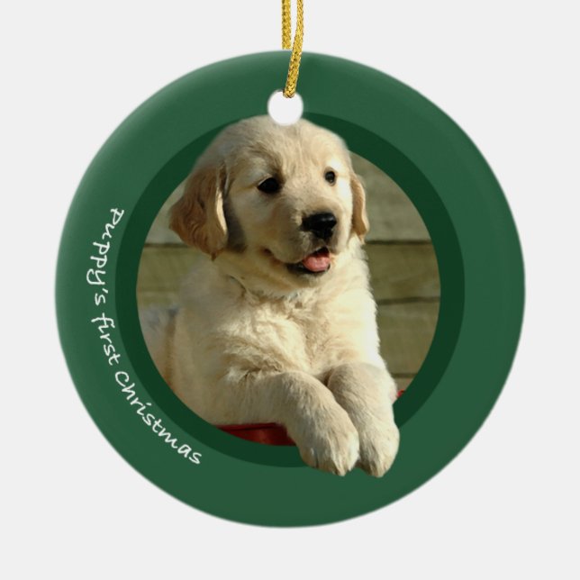 Adorno De Cerámica El primer navidad del perrito (golden retriever) (Frente)
