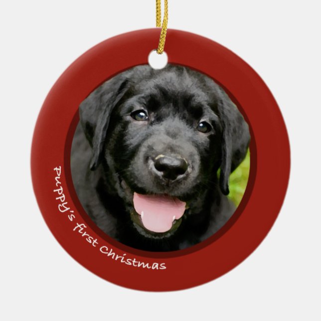 Adorno De Cerámica El primer navidad del perrito (labrador retriever) (Frente)