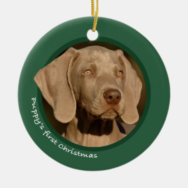 Adorno De Cerámica El primer navidad del perrito (Weimaraner) (Frente)