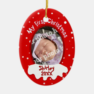 Adorno De Cerámica El primer rojo del navidad del bebé añade su