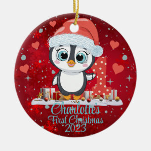Adorno De Cerámica El primer rojo navideño del bebé pingüino